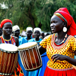 Festive Dance**

"A group of South Sudanese dancers, fully clothed in modest traditional attire, performing a vibrant dance at an outdoor festival. Colorful beads and fabrics adorn their costumes. Drummers and singers accompany them in the background. The scene is set during the day with natural light. perfect anatomy, natural pose, well-formed hands, proper finger count, professional photography, safe for work, appropriate content, family-friendly."

**
