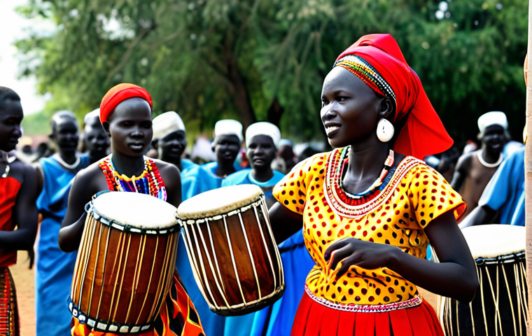 Festive Dance**
"A group of South Sudanese dancers, fully clothed in modest traditional attire, performing a vibrant dance at an outdoor festival. Colorful beads and fabrics adorn their costumes. Drummers and singers accompany them in the background. The scene is set during the day with natural light. perfect anatomy, natural pose, well-formed hands, proper finger count, professional photography, safe for work, appropriate content, family-friendly."
**