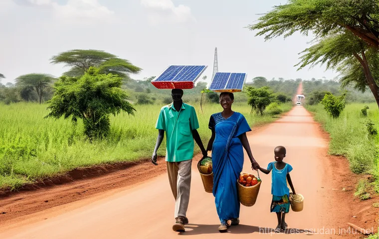 남수단의 미래 가능성 - **Prompt: "A bustling, dynamic scene depicting young South Sudanese entrepreneurs collaborating in a...