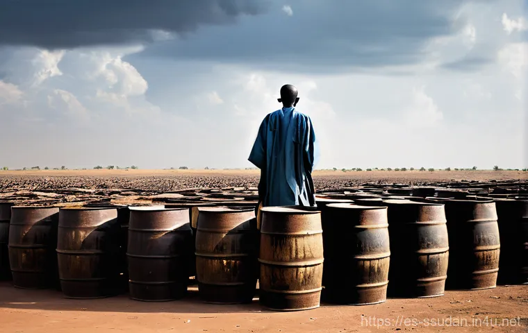 남수단 원유 생산량 - **Prompt 1: Fragile Economic Balance**
    "A lone figure, representing South Sudan, stands precario...