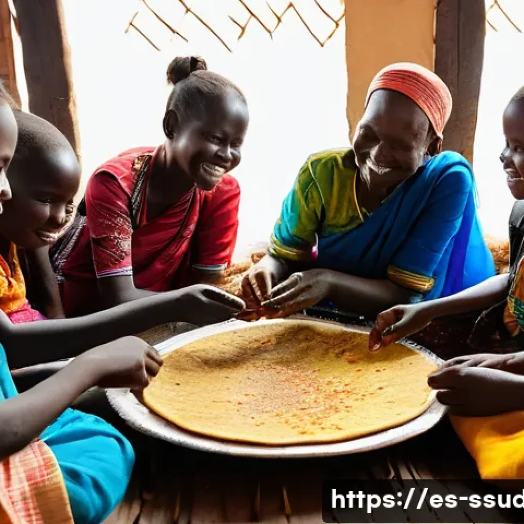 남수단 식문화 및 특징 - **"A heartwarming scene of a multi-generational South Sudanese family sharing a communal meal, gathe...