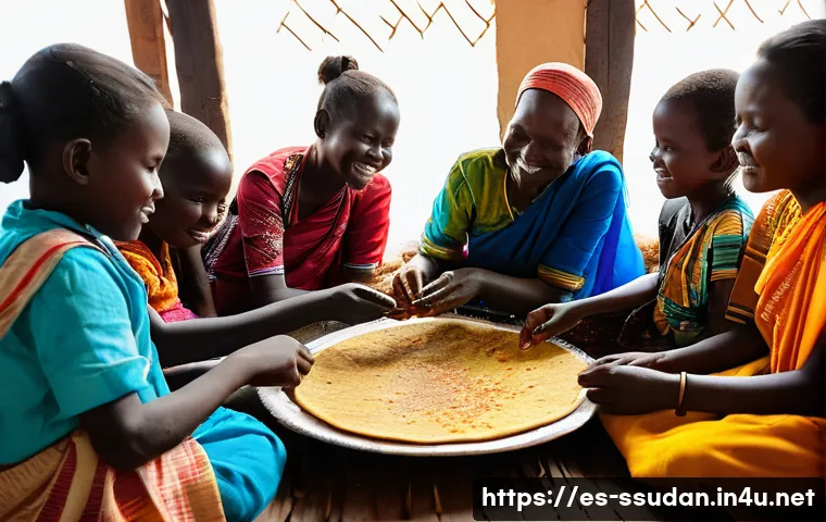 남수단 식문화 및 특징 - **"A heartwarming scene of a multi-generational South Sudanese family sharing a communal meal, gathe...