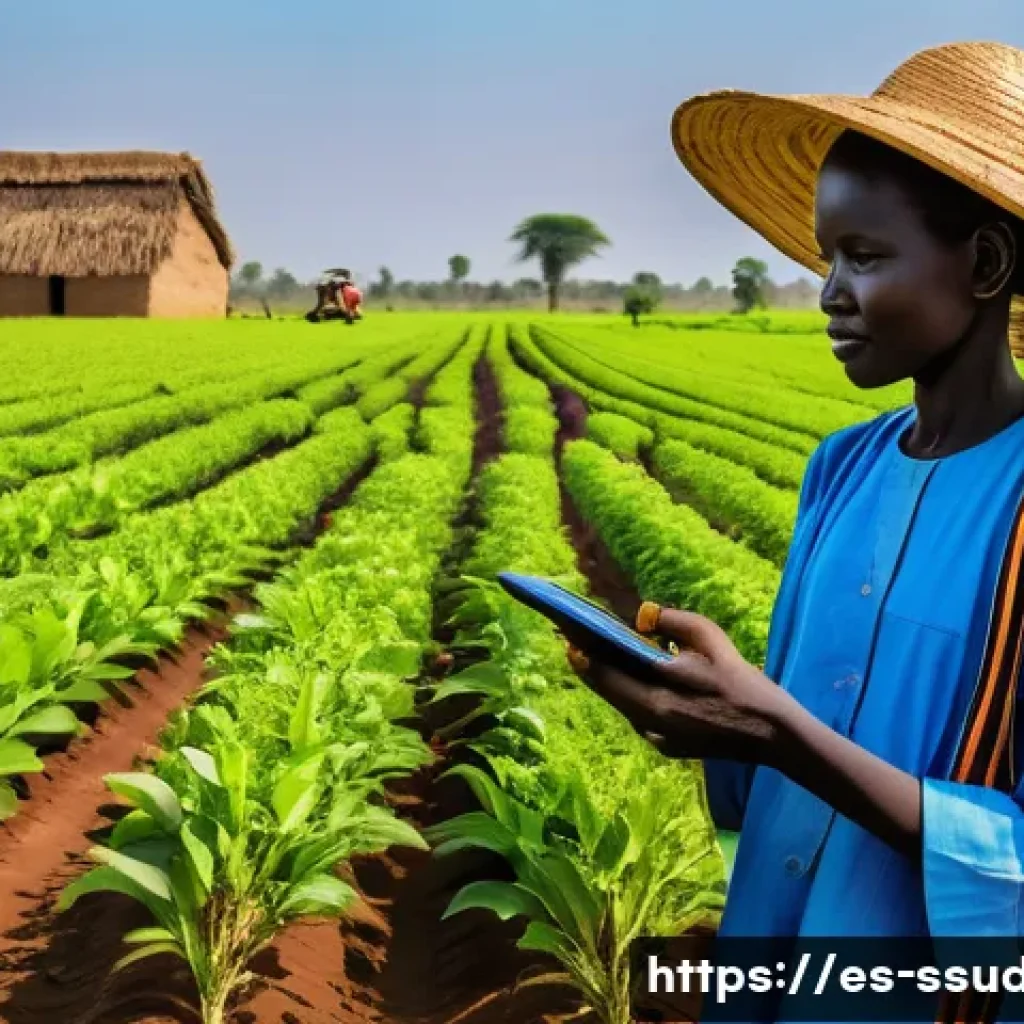 남수단의 신생 기업과 스타트업 - A vibrant rural South Sudanese farm scene featuring young farmers using solar-powered irrigation sys...