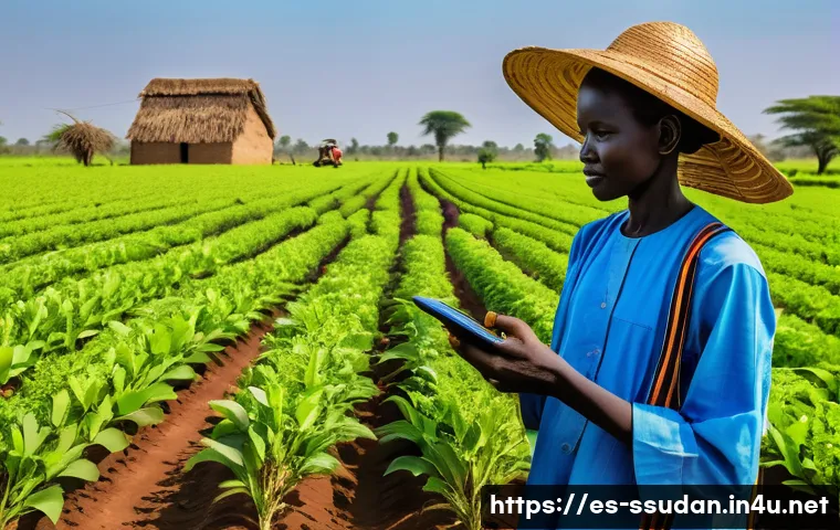 남수단의 신생 기업과 스타트업 - A vibrant rural South Sudanese farm scene featuring young farmers using solar-powered irrigation sys...