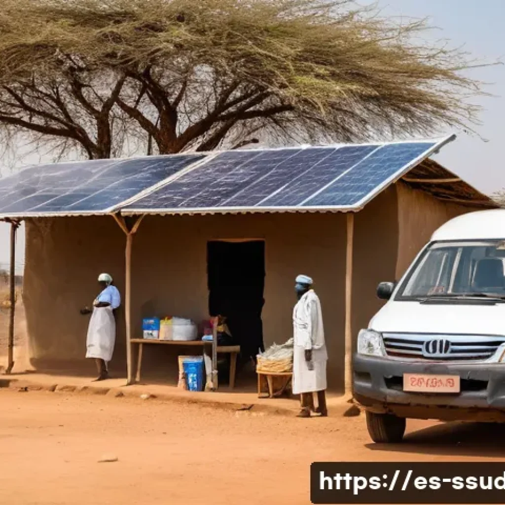 남수단 의료 환경 - A remote rural health clinic in South Sudan during daytime, showing a modest building powered by sol...