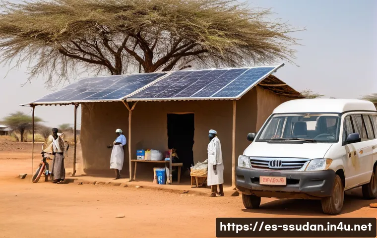 남수단 의료 환경 - A remote rural health clinic in South Sudan during daytime, showing a modest building powered by sol...