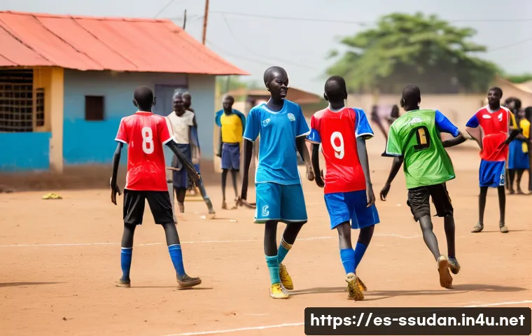 남수단에서 축구 선수로 성장하는 법 - A vibrant street soccer scene in Juba, South Sudan, showing young male and female players wearing co...