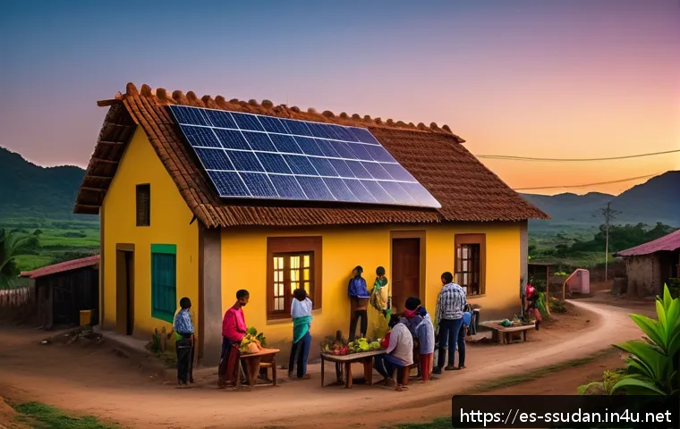 남수단에서 전기 사용 - A vibrant rural village scene in Latin America at dusk, featuring families gathered outside modest h...