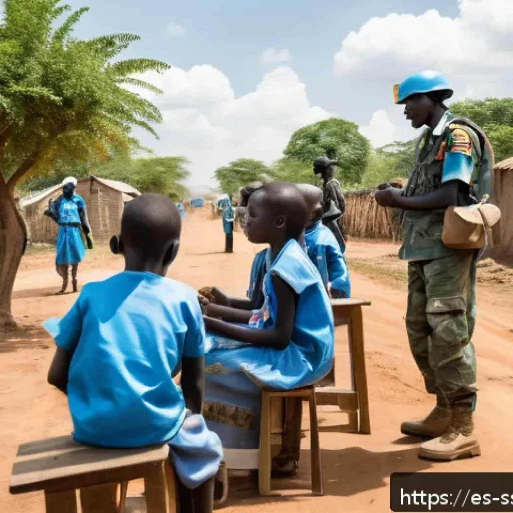 남수단 유엔 평화유지군 - A detailed scene of international peacekeeping forces in South Sudan, set in a rural village with da...
