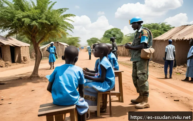 남수단 유엔 평화유지군 - A detailed scene of international peacekeeping forces in South Sudan, set in a rural village with da...
