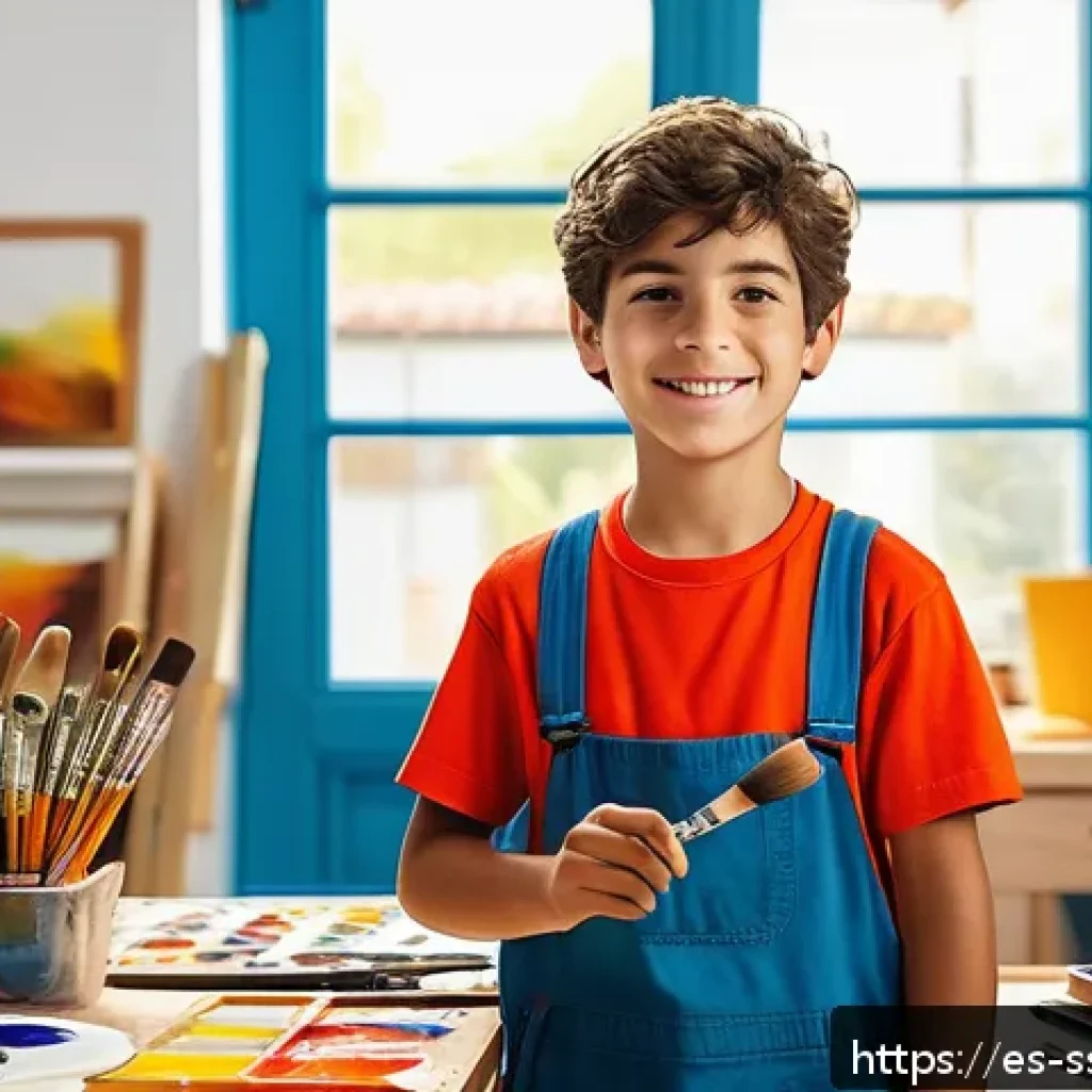 리액 마차르 프로필 - A young Spanish boy in a vibrant art studio, wearing casual clothing and holding a paintbrush, surro...