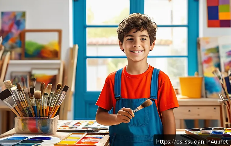 리액 마차르 프로필 - A young Spanish boy in a vibrant art studio, wearing casual clothing and holding a paintbrush, surro...