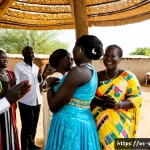 남수단의 결혼 풍습 - Photorealistic documentary-style South Sudanese wedding celebration in a rural village courtyard, br...