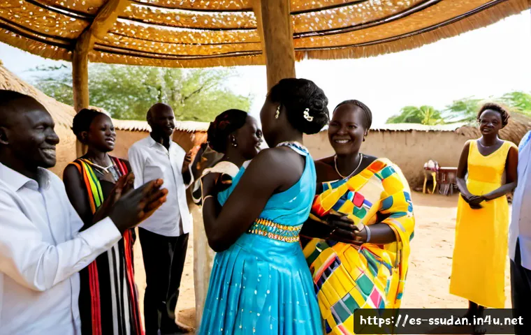 남수단의 결혼 풍습 - Photorealistic documentary-style South Sudanese wedding celebration in a rural village courtyard, br...