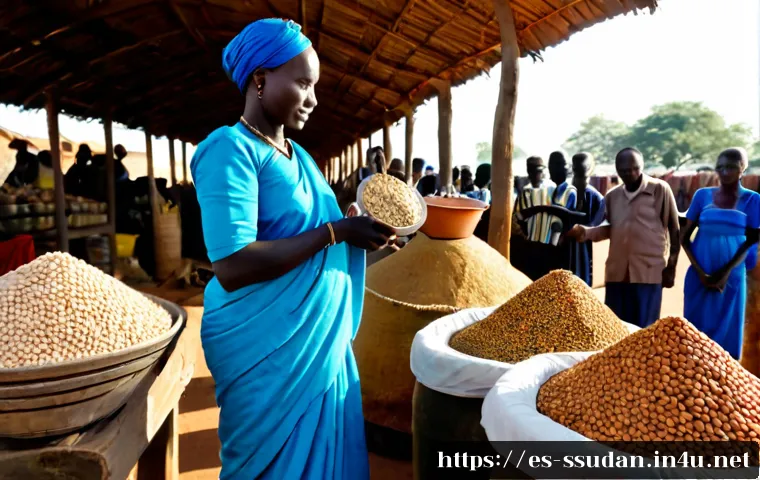 Home 30 남수단의 전통 무역 방식 - Photorealistic traditional open-air market in Juba, South Sudan, a Dinka woman in a colorful wrapped...