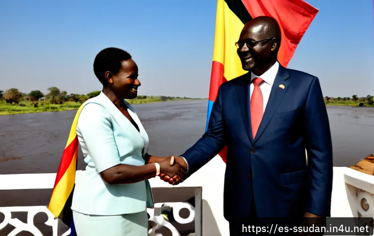 남수단과 우간다 교류 - Photorealistic diplomatic exchange between South Sudanese and Ugandan representatives, two diverse A...